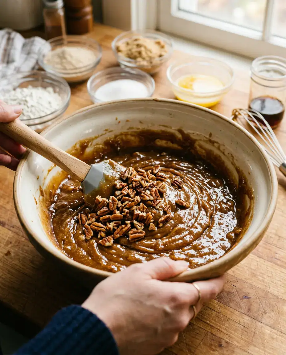 Alabama Pecan Bread With Maple Glaze — Moist Loaf Spatula folding toasted pecans into glossy Alabama pecan bread batter in a mixing bowl