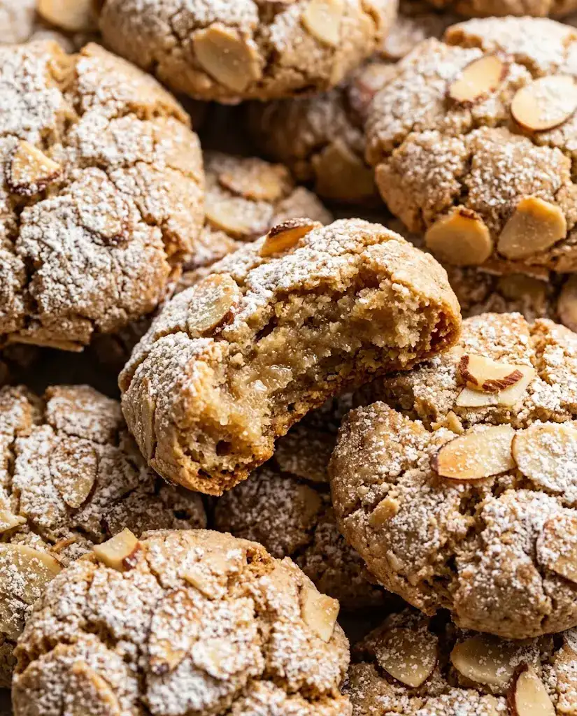 Almond Paste Cookies With a Soft Chewy Center Almond paste cookies with crackled tops and a broken cookie showing a moist chewy almond center