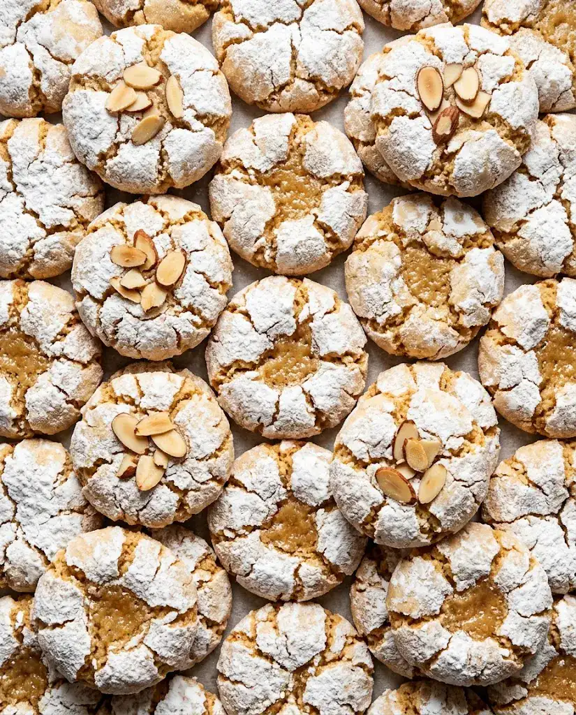 Almond Paste Cookies With a Soft Chewy Center Close-up of almond paste cookies with crackled sugar tops, chewy centers, and golden edges