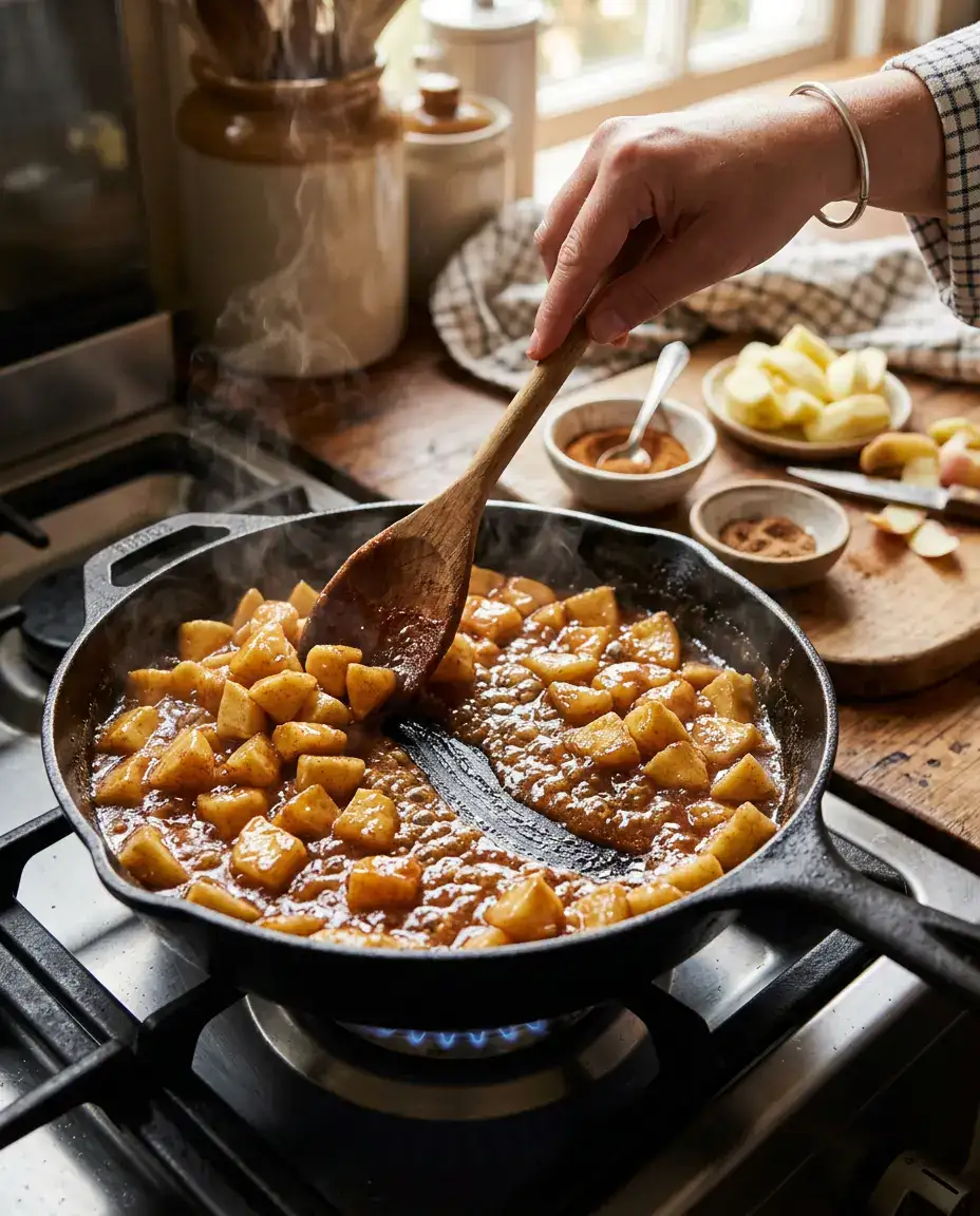 Apple Empanadas With Cinnamon Filling — Oven Baked Skillet of apple empanadas filling with bubbling cinnamon apples and glossy brown sugar sauce