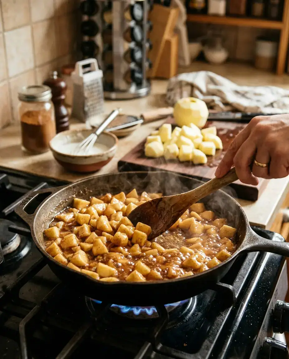 Apple Pie Biscuits With Gooey Cinnamon Filling Diced apples cooking in cinnamon sugar syrup for apple pie biscuits filling in a skillet