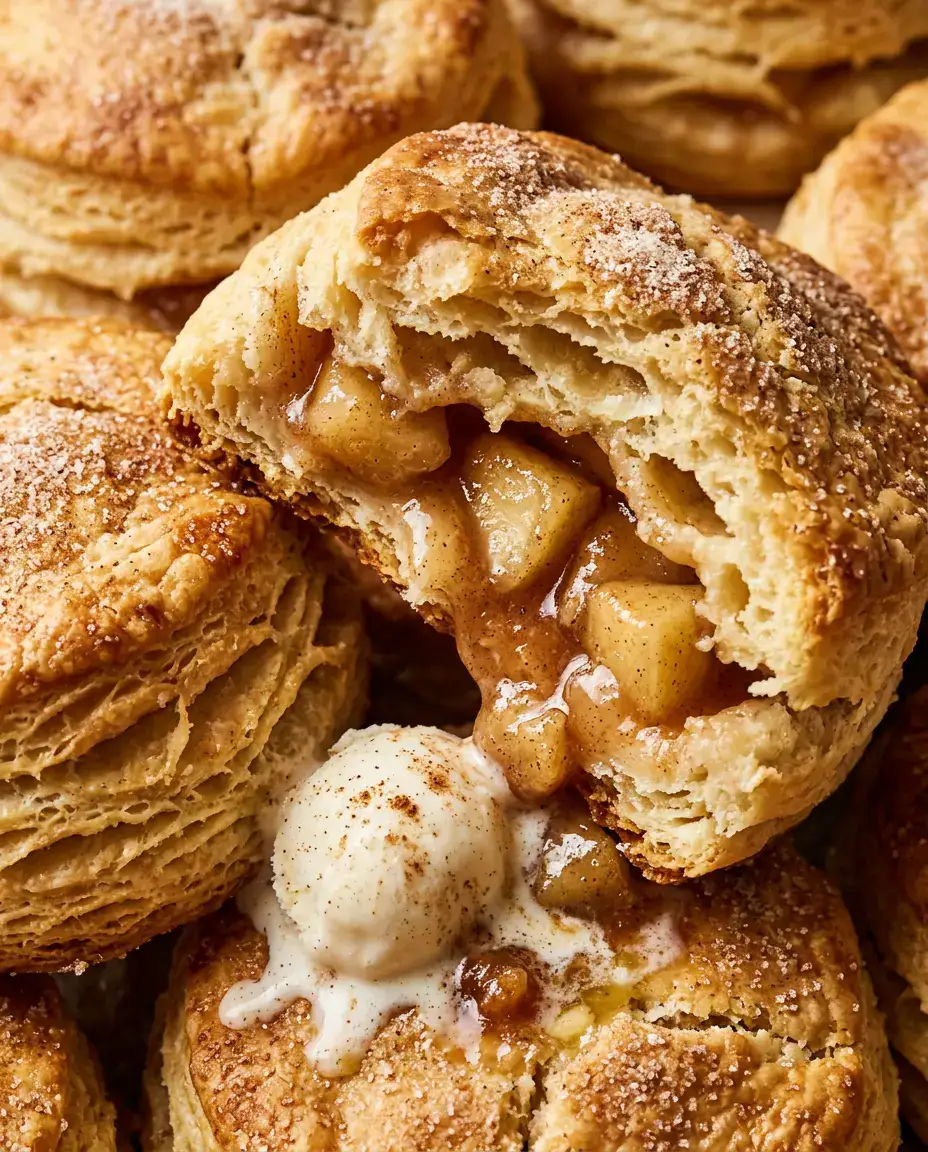 Apple Pie Biscuits With Gooey Cinnamon Filling Split apple pie biscuits showing soft dough and gooey cinnamon apple filling inside