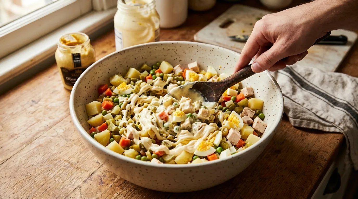 Authentic Olivier Salad Recipe for Creamy Russian Salad Mixing authentic Olivier salad recipe in a bowl with potatoes, carrots, peas, eggs, chicken, and creamy mayo