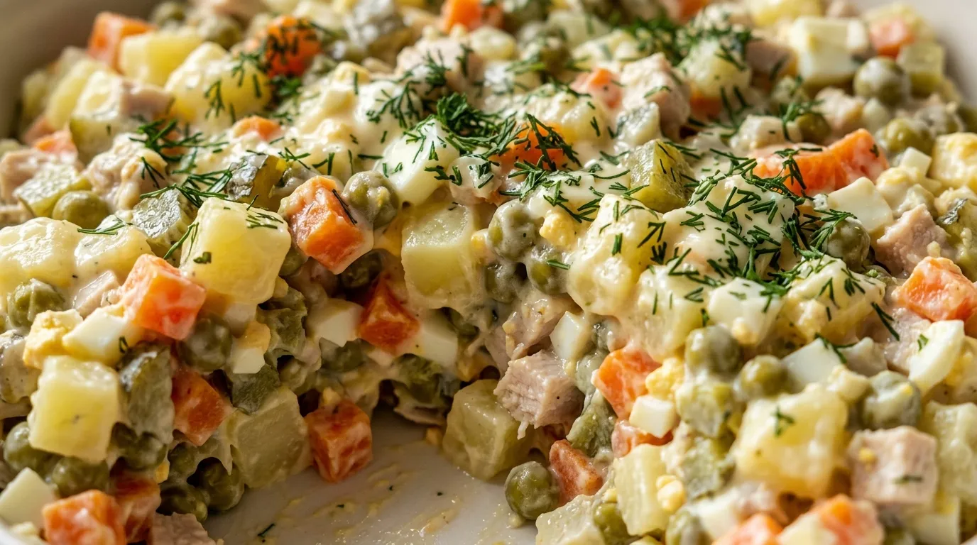 Authentic Olivier Salad Recipe for Creamy Russian Salad Close-up of authentic Olivier salad recipe ready to serve with potatoes, carrots, peas, eggs, chicken, and dill