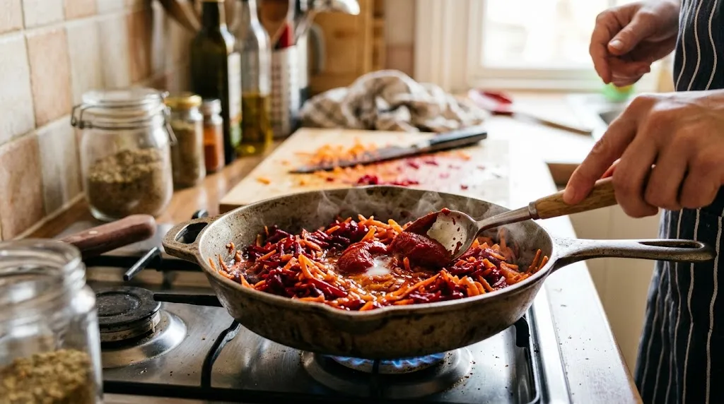 Skillet with grated beets and carrots cooking for authentic Ukrainian borscht