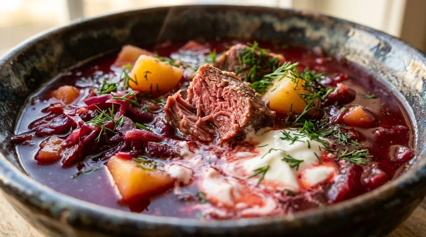 Close-up of authentic Ukrainian borscht with beef, potatoes, cabbage, sour cream, and dill