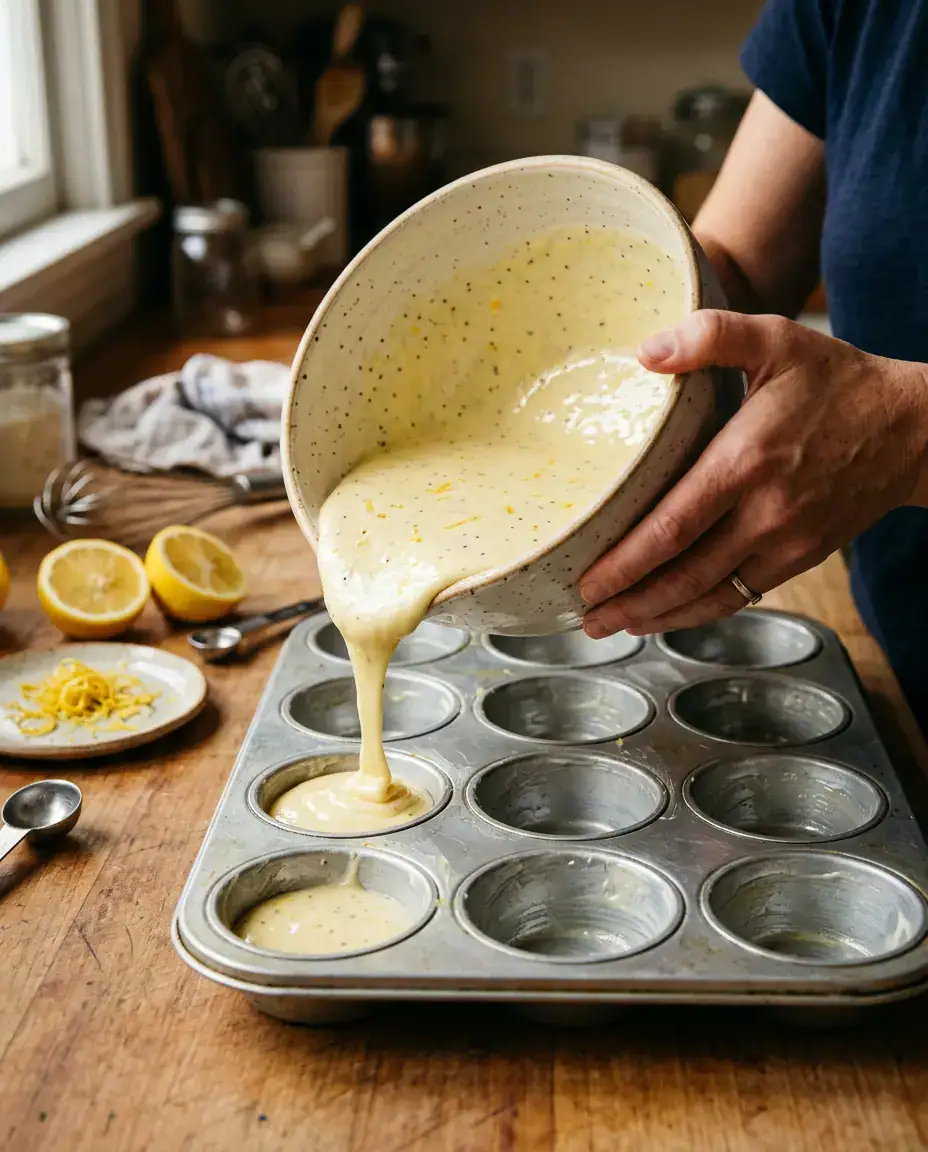 Lemon batter poured into muffin tin for baby lemon impossible pies with visible lemon zest
