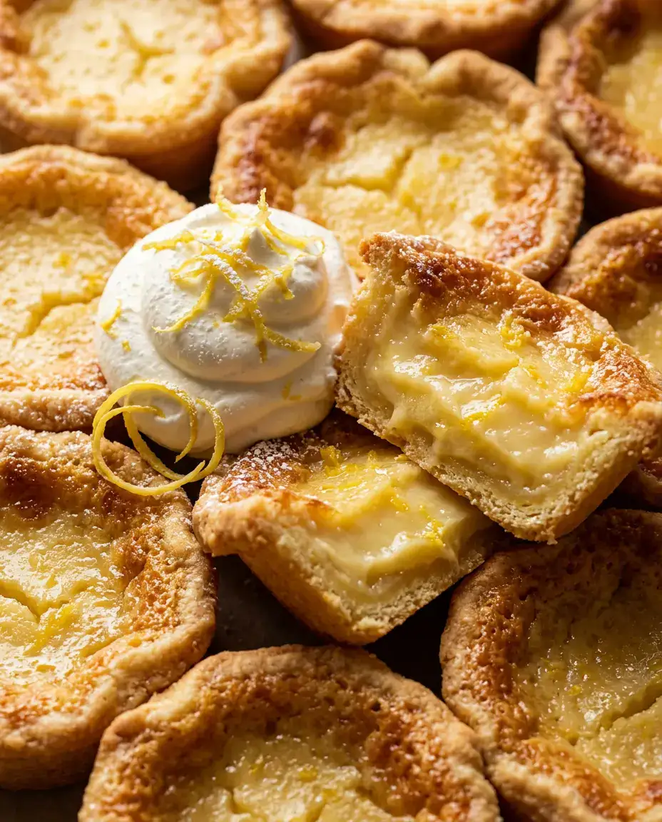 Warm baby lemon impossible pies with creamy centers, whipped cream, and fresh lemon zest