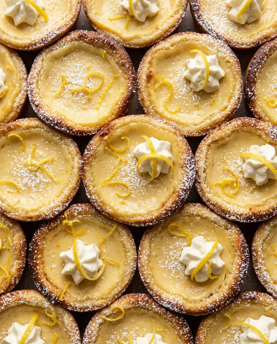 Overhead close-up of baby lemon impossible pies with creamy lemon custard, golden edges, and lemon zest