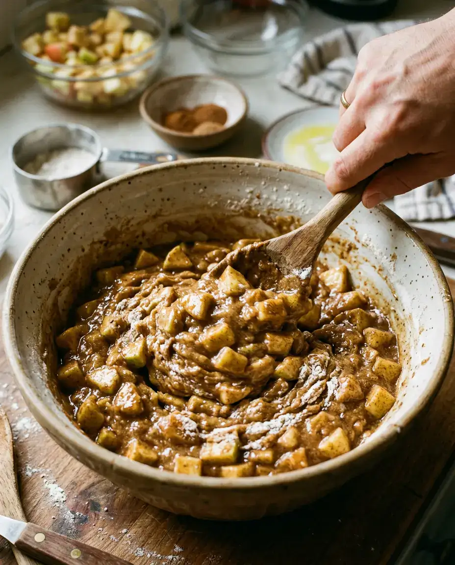 Baked apple fritter batter being mixed with diced cinnamon apples in a large bowl