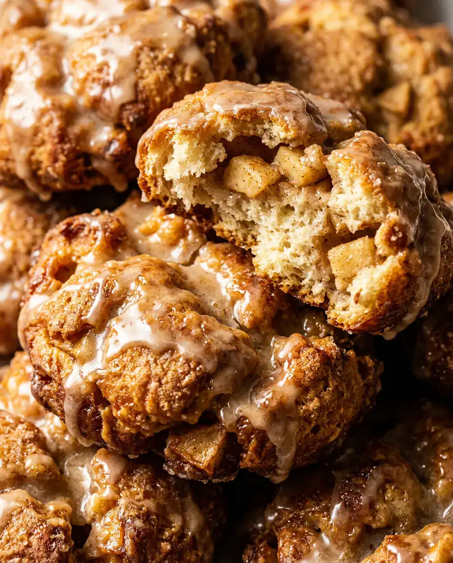 Stacked baked apple fritters with glossy glaze and soft cinnamon apple filling exposed