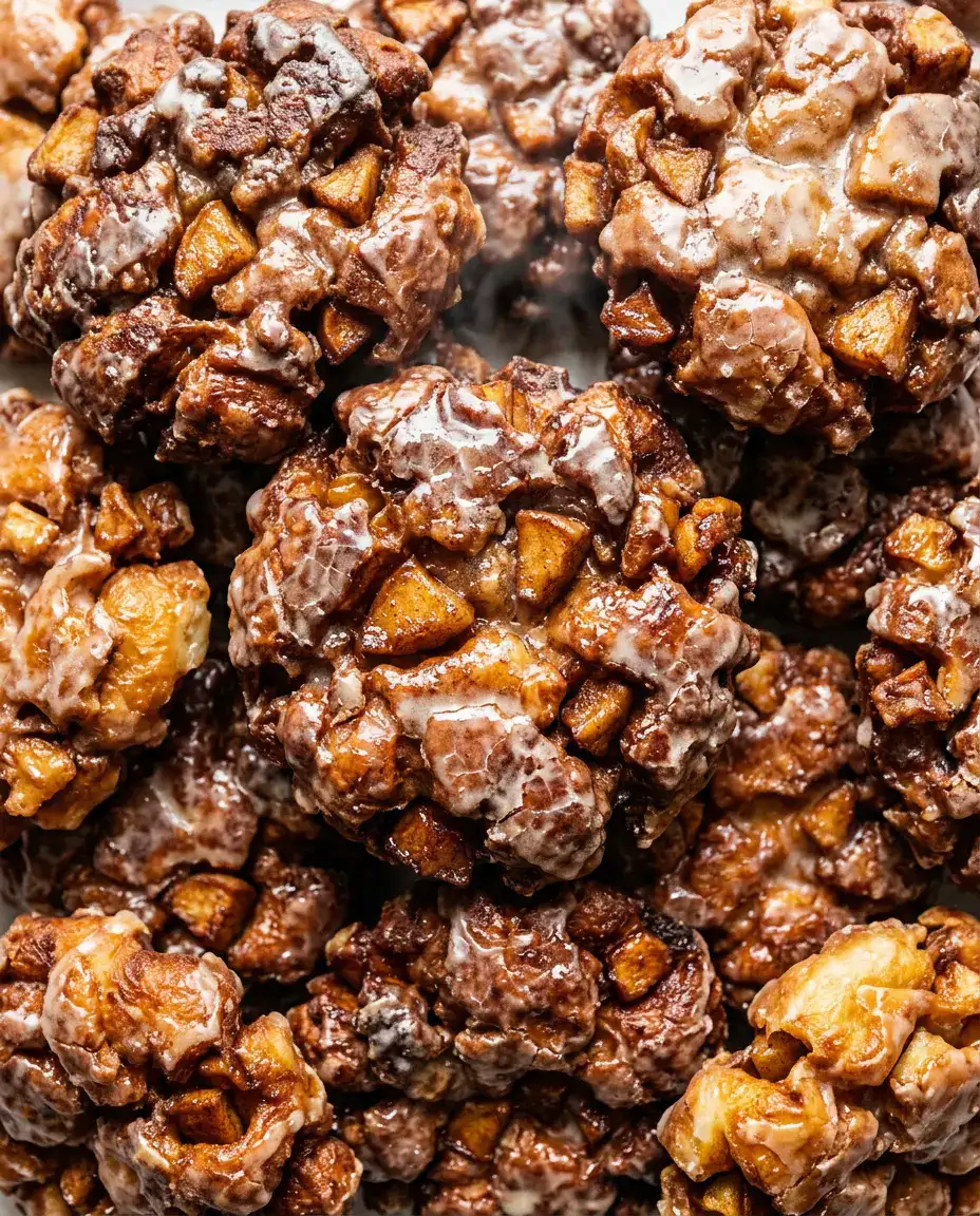 Fresh baked apple fritters with glossy vanilla glaze, crisp golden edges, and cinnamon apple chunks