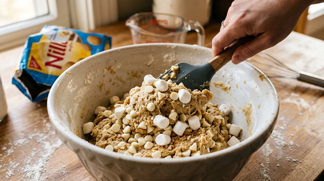 Close-up of banana pudding cookie dough folded with marshmallow, white chocolate chips, and vanilla wafer crumbs in a ceramic bowl.