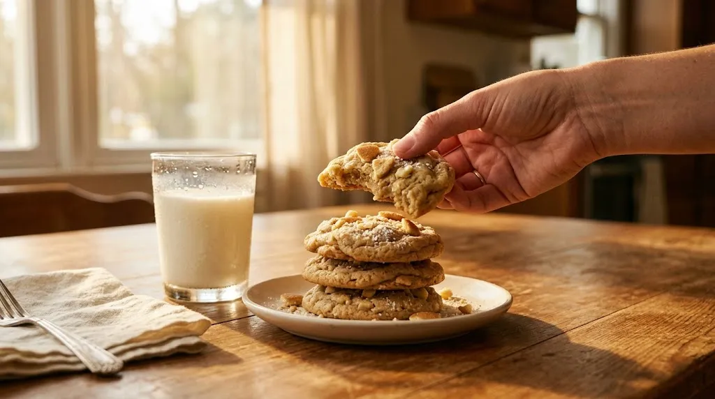 A hand reaching to pick up a soft banana pudding cookie from a stack on a plate, with a glass of milk in golden-hour sunlight.