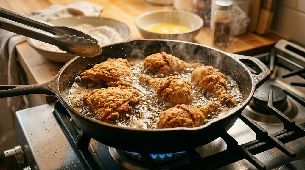 Bang Bang Chicken Recipe With Crispy Spice Bang Bang Chicken recipe process – golden chicken pieces sizzling in a cast-iron skillet with oil and steam rising.