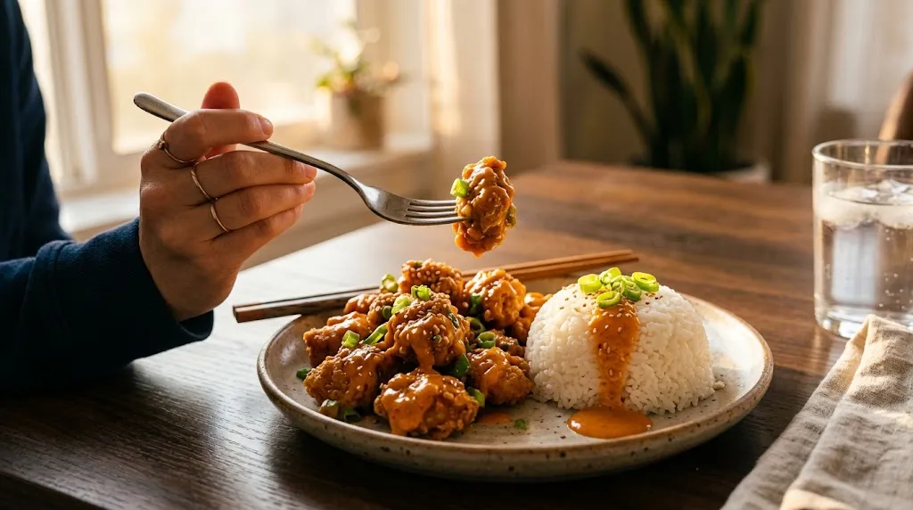 Bang Bang Chicken Recipe With Crispy Spice Bang Bang Chicken recipe serving – fork piercing chicken on rice with sauce and garnishes.