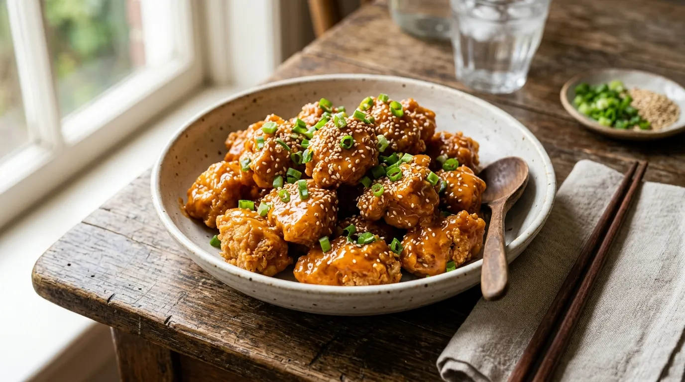 Bang Bang Chicken Recipe With Crispy Spice Bang Bang Chicken recipe – crispy chicken pieces coated in creamy orange-red sauce with green onions and sesame seeds on a rustic table.