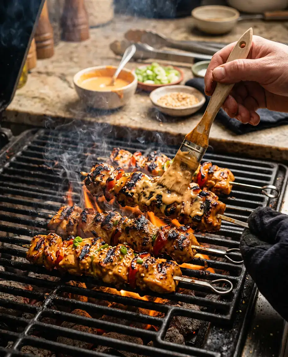 Bang Bang Chicken Skewers With Creamy Spicy Sauce Bang bang chicken skewers grilling with creamy sauce brushed onto sizzling chicken