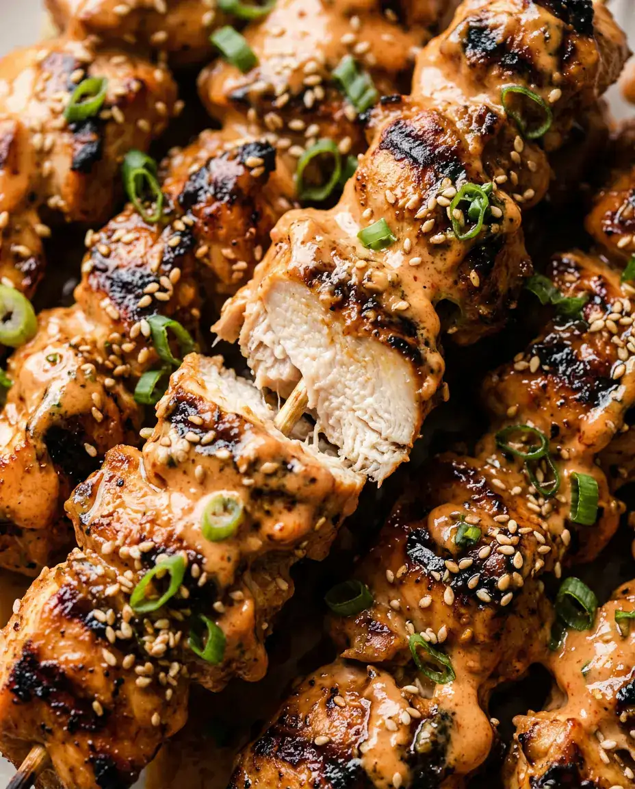 Bang Bang Chicken Skewers With Creamy Spicy Sauce Close-up of bang bang chicken skewers with creamy glaze, charred edges, and juicy chicken interior