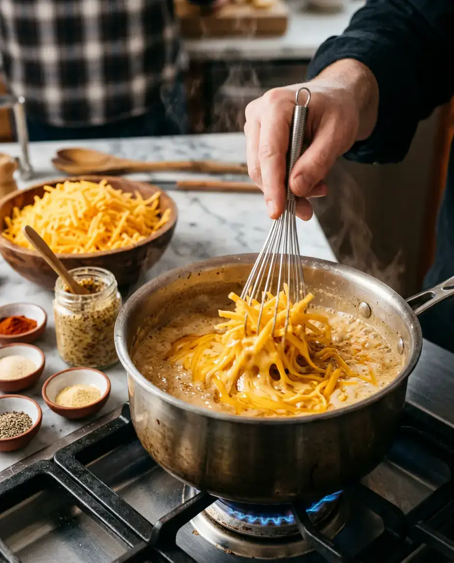 Whisk stirring shredded cheddar into beer sauce while making beer cheese dip on the stovetop