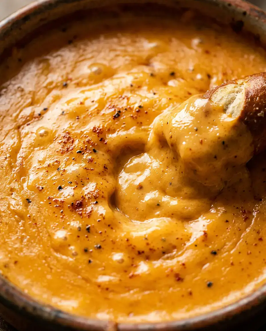 Beer cheese dip with a scoop revealing its creamy molten cheddar interior and glossy texture