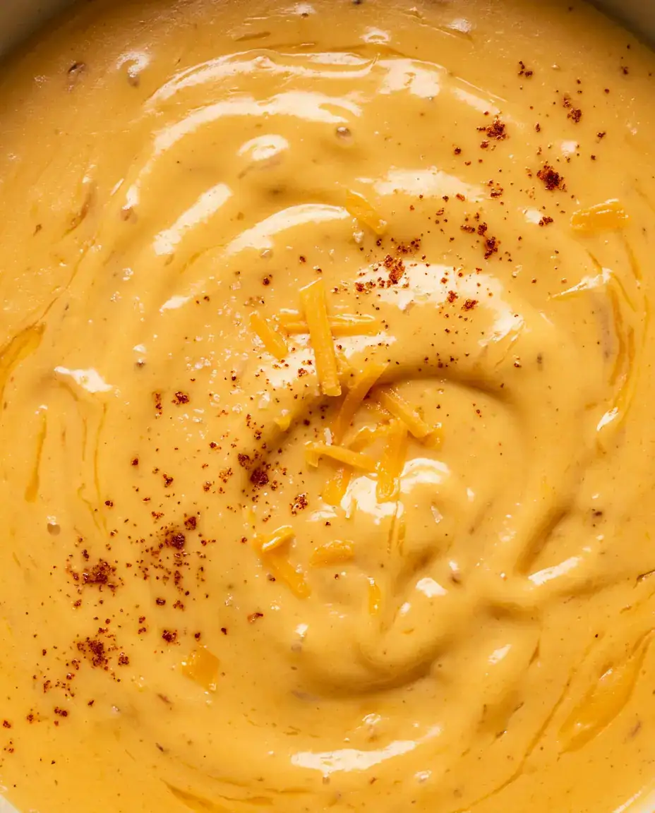 Close-up of creamy beer cheese dip with glossy melted cheddar and smoked paprika garnish