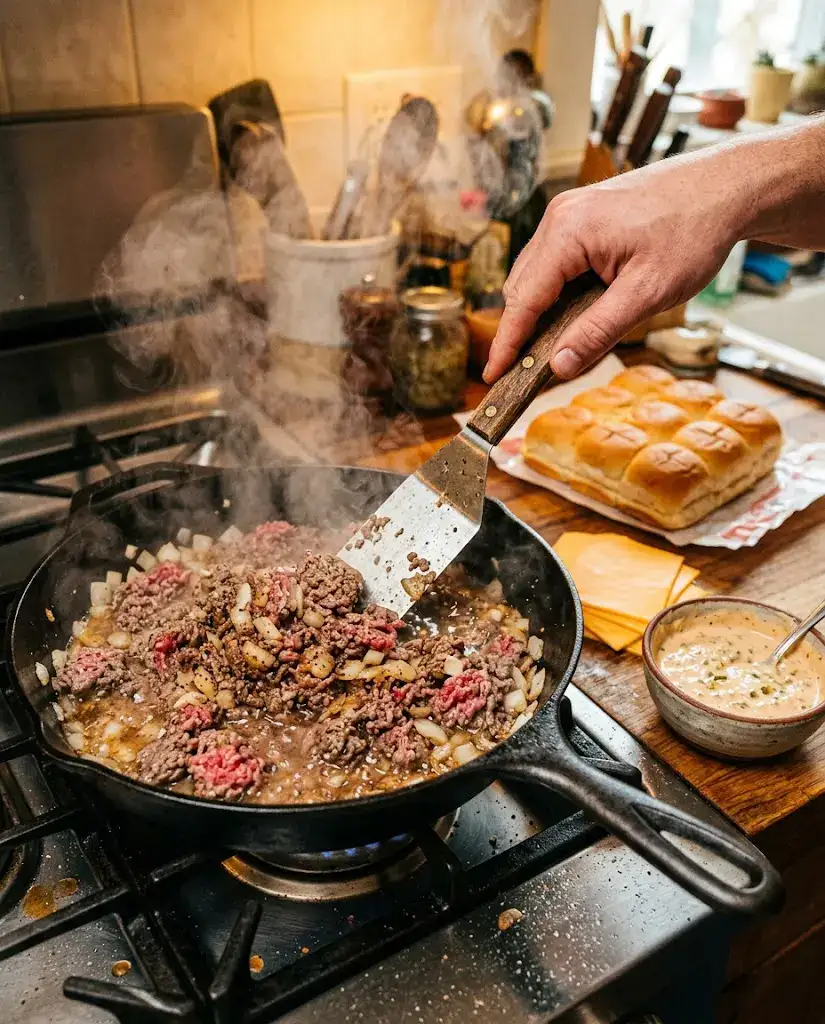 Big Mac Sliders for Crowd-Pleasing Party Bites Ground beef and onions sizzling in skillet for big mac sliders with rolls and sauce nearby