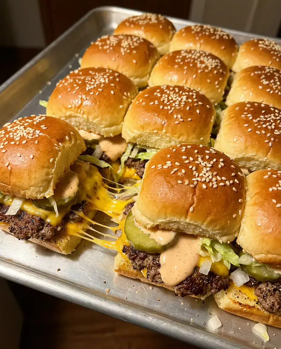 Big Mac Sliders for Crowd-Pleasing Party Bites Big mac sliders being pulled apart with melted cheese, beef, pickles, and lettuce in warm light