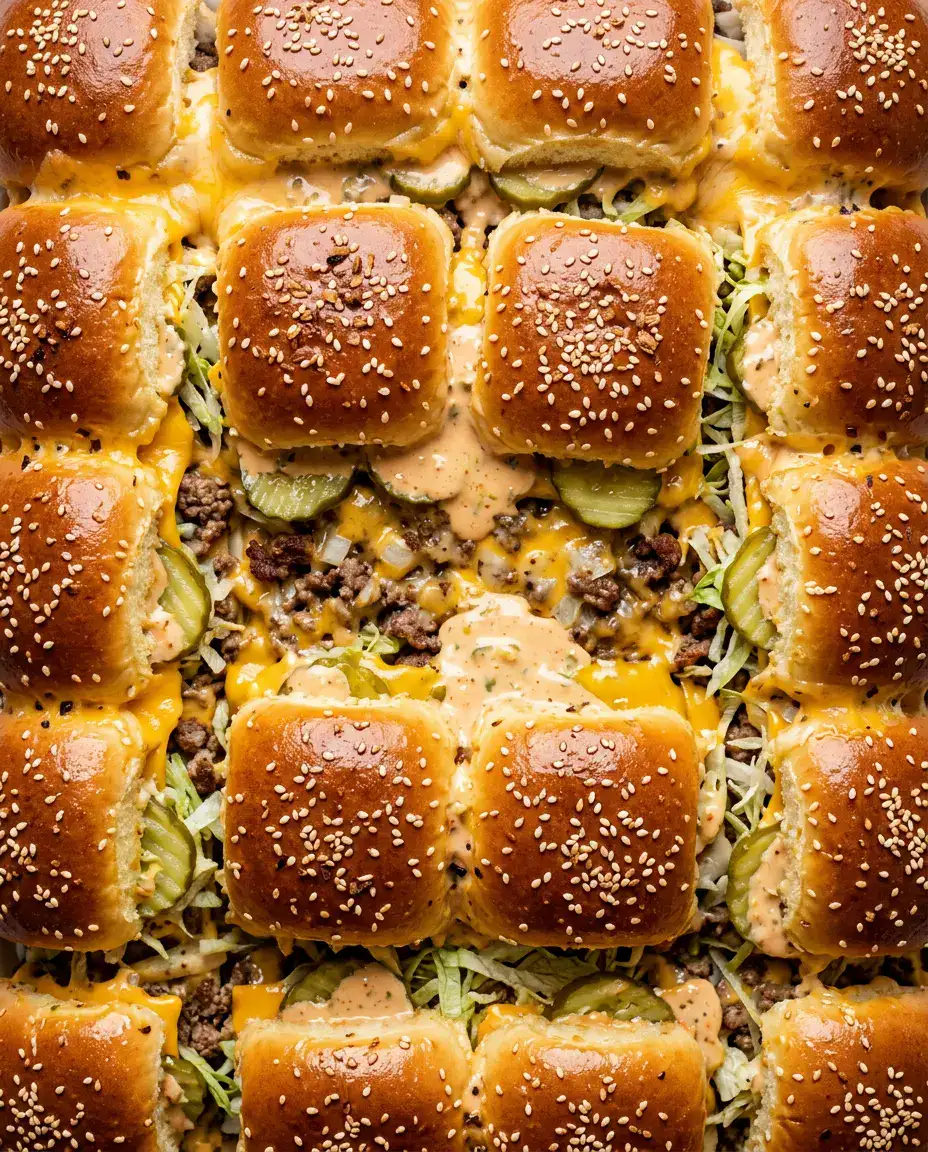Big Mac Sliders for Crowd-Pleasing Party Bites Close-up of baked big mac sliders with melted cheese, pickles, lettuce, and sesame seed rolls