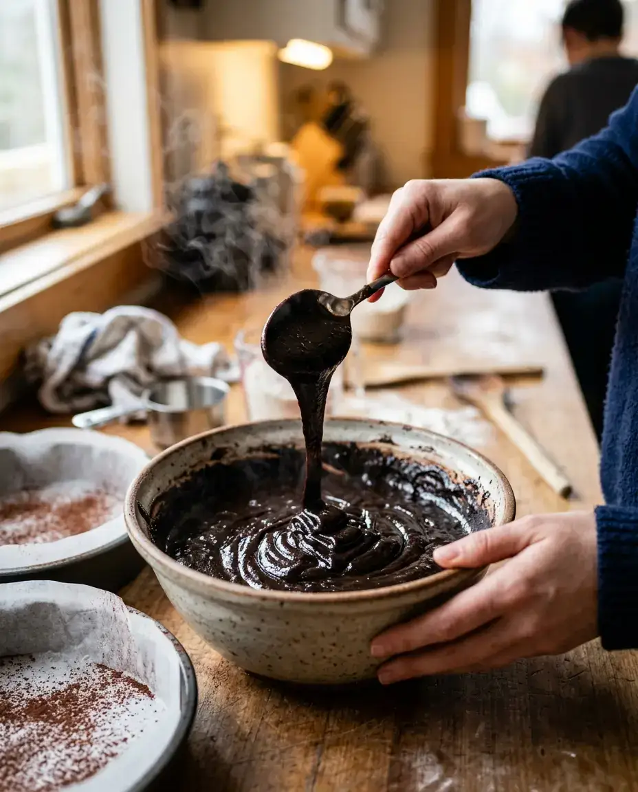 Black velvet cake batter mixed with hot coffee in a bowl with glossy chocolate ribbons