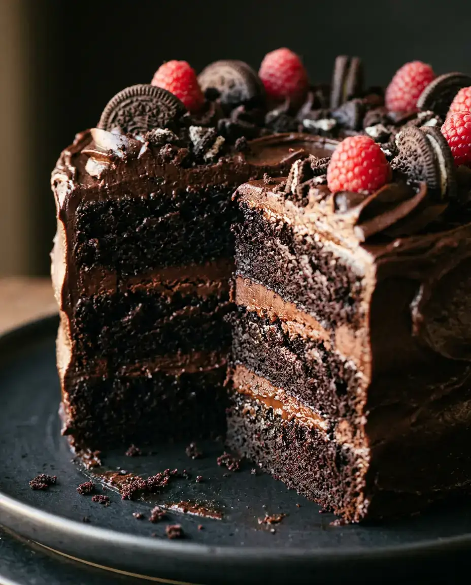 Slice of black velvet cake with silky cocoa frosting and raspberries in close-up