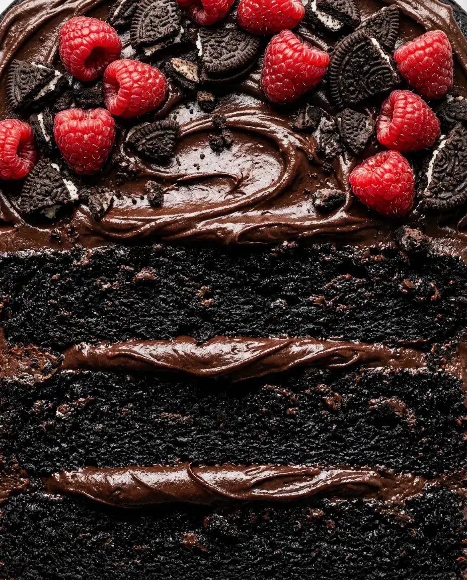 Black velvet cake with dark cocoa frosting, raspberries, and crushed chocolate cookies