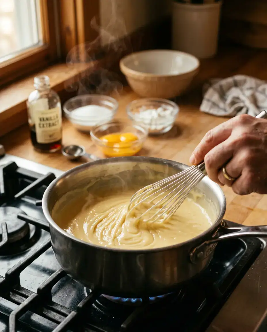 Boston Cream Cupcakes With Rich Ganache Topping Whisking vanilla pastry cream for boston cream cupcakes in a saucepan over heat