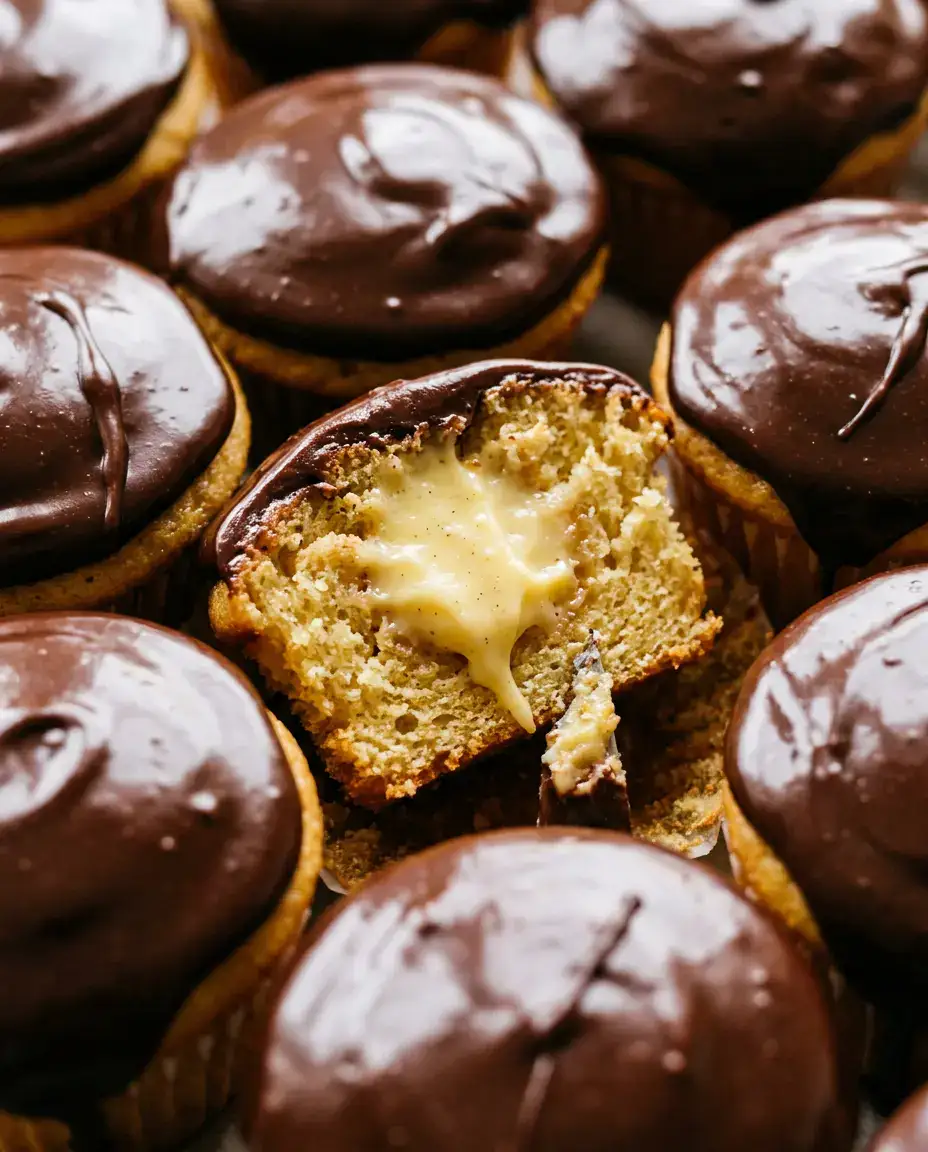 Boston Cream Cupcakes With Rich Ganache Topping Served boston cream cupcakes with creamy vanilla filling and dripping chocolate ganache