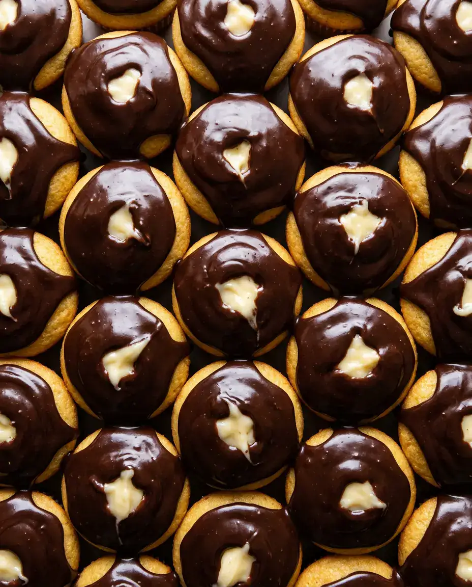 Boston Cream Cupcakes With Rich Ganache Topping Close-up of boston cream cupcakes with vanilla pastry cream and glossy chocolate ganache