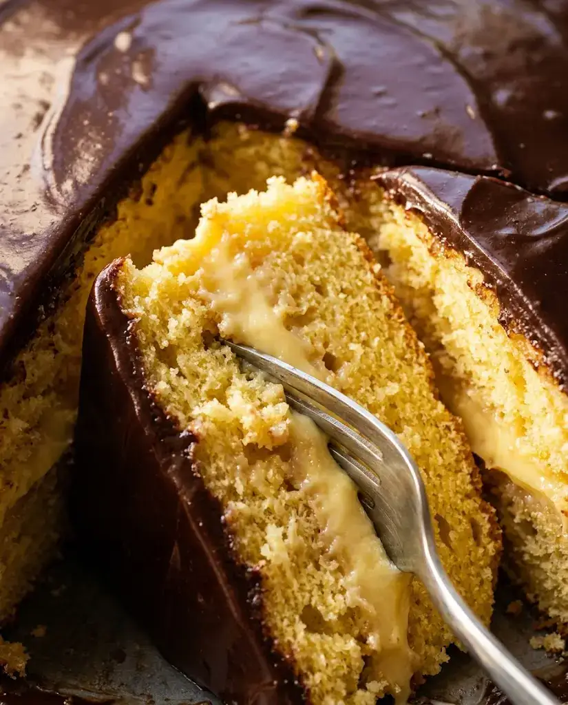 Boston Cream Poke Cake With Rich Ganache Topping Slice of Boston cream poke cake with creamy vanilla filling and shiny chocolate ganache.