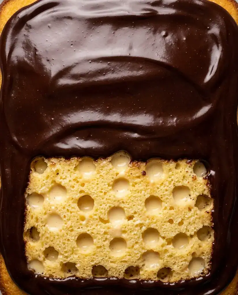 Boston Cream Poke Cake With Rich Ganache Topping Close-up of Boston cream poke cake with vanilla pudding filling and glossy chocolate ganache.
