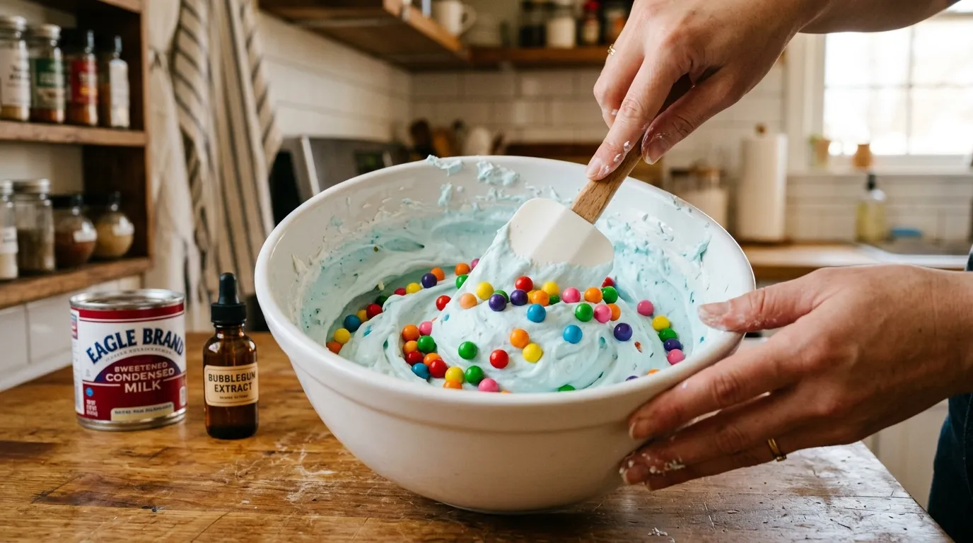 Hand folding rainbow gumballs into pale-blue whipped cream for bubble gum ice cream.