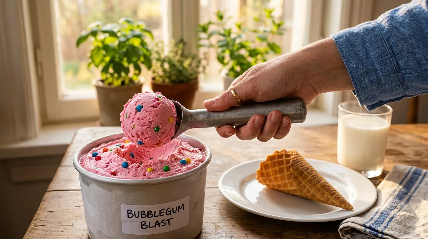 Hand scooping bubble gum ice cream with gumballs, waffle cone and milk nearby.