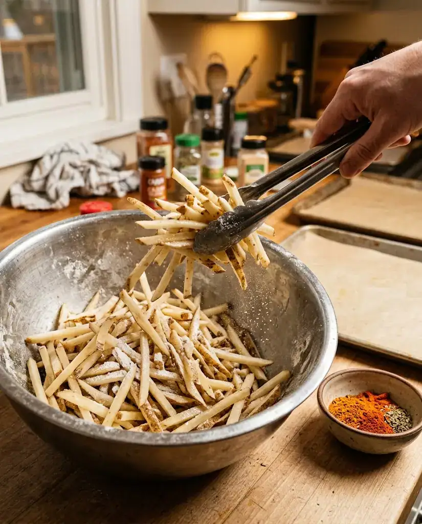 Cajun French Fries With Crispy Oven-Baked Crunch Raw potato strips tossed for Cajun french fries with cornstarch, oil, and spices nearby