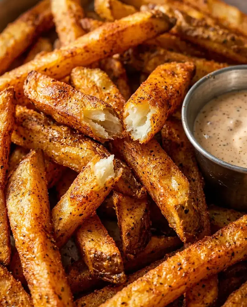 Cajun French Fries With Crispy Oven-Baked Crunch Close-up serving of Cajun french fries with crispy edges and a metal dipping cup