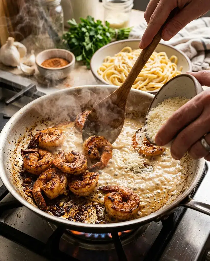 Cajun Shrimp Alfredo With Creamy Spicy Pasta Shrimp sizzling in Alfredo sauce while making cajun shrimp alfredo in a hot skillet