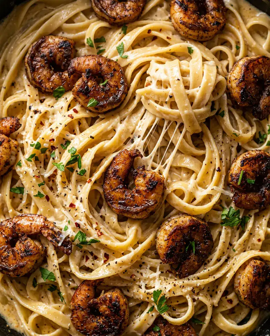 Cajun Shrimp Alfredo With Creamy Spicy Pasta Close-up serving of cajun shrimp alfredo with creamy parmesan sauce and smoky shrimp