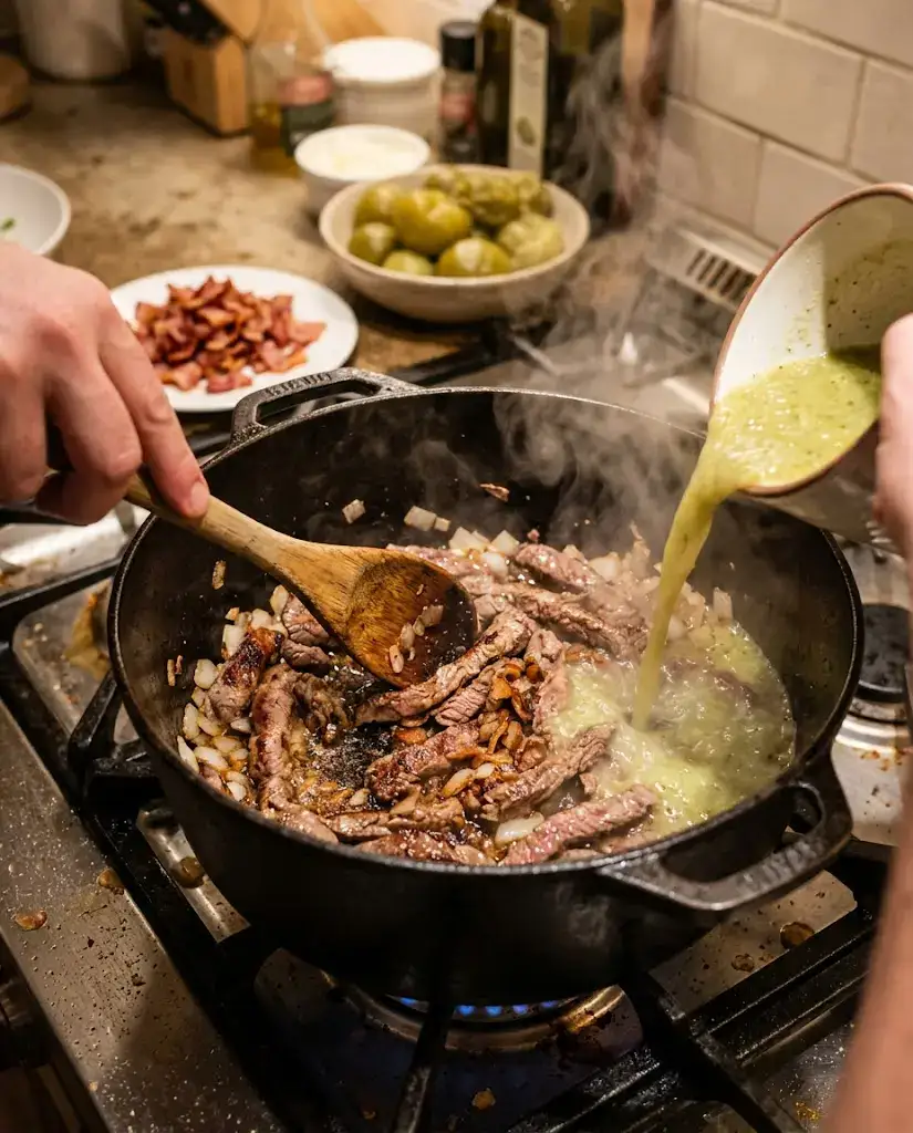 Carne En Su Jugo for a Cozy Mexican Dinner Beef browning in bacon fat for carne en su jugo as tomatillo broth is poured into the pot