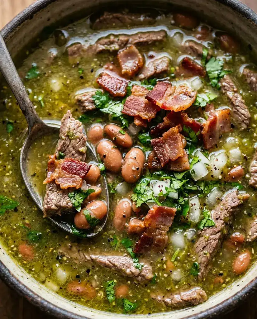 Carne En Su Jugo for a Cozy Mexican Dinner Close-up serving of carne en su jugo with beef, bacon, beans, cilantro, onion, and rich broth