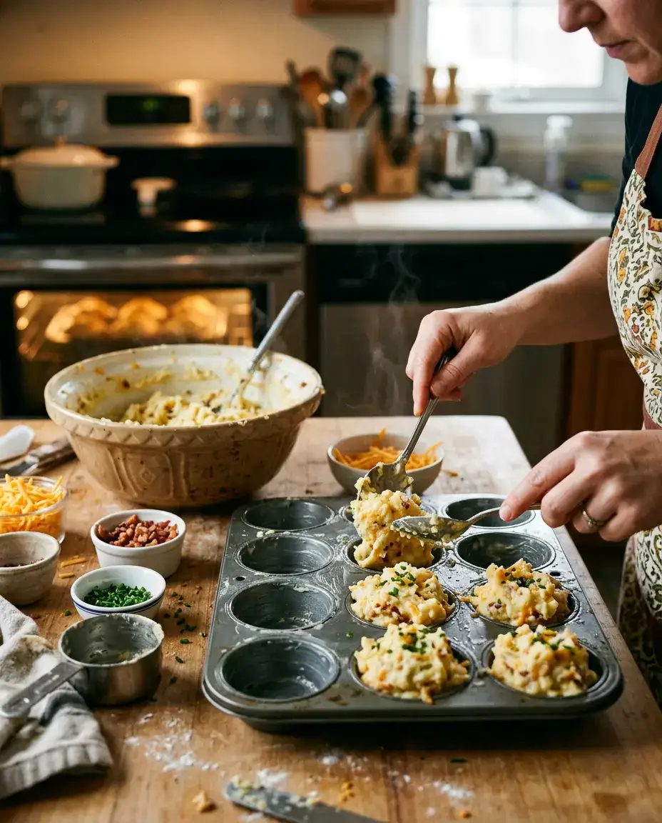 Cheesy Mashed Potato Puffs for Crispy Party Bites Cheesy mashed potato puffs mixture being spooned into a mini muffin pan with cheddar and bacon.