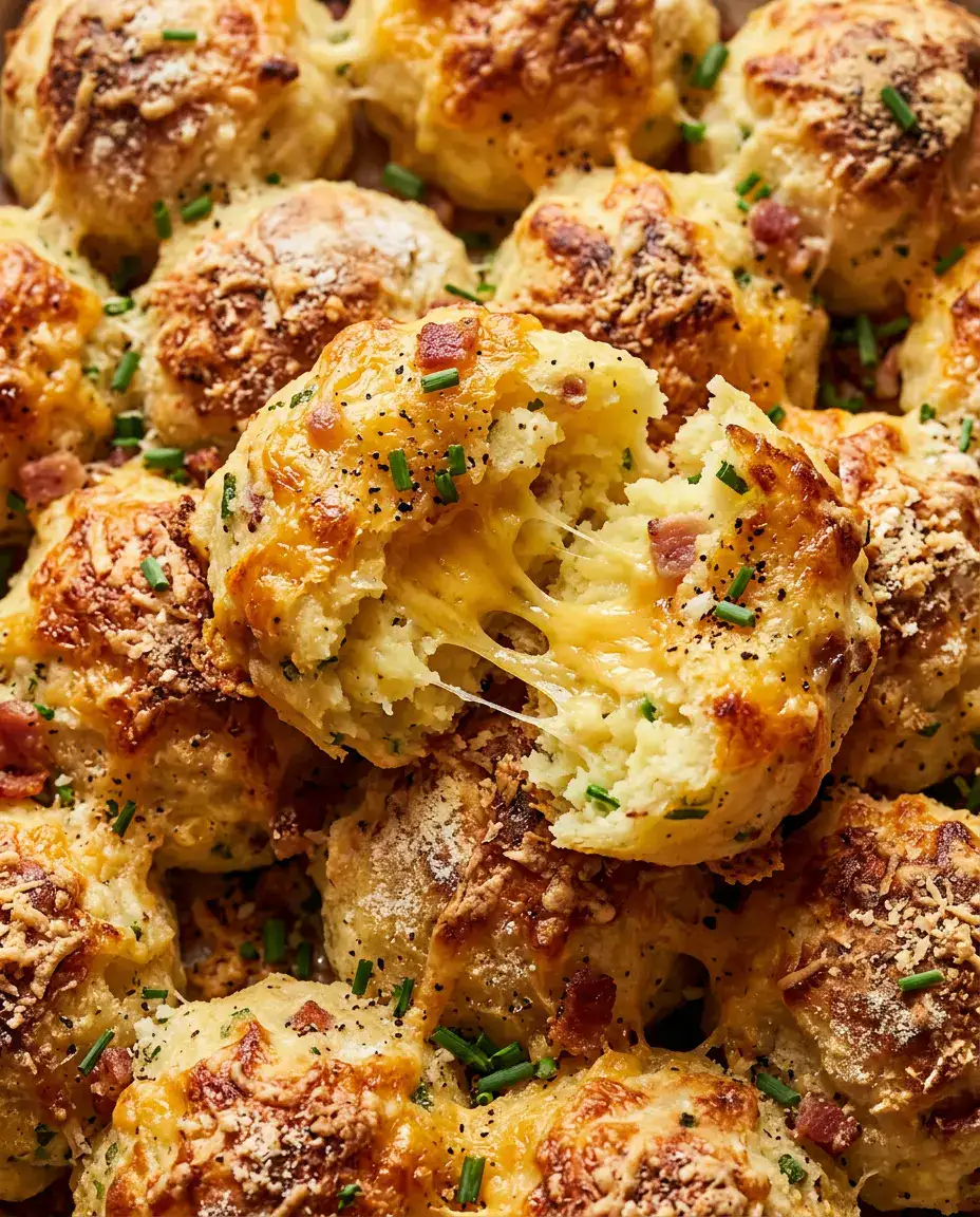 Cheesy Mashed Potato Puffs for Crispy Party Bites Cheesy mashed potato puffs split open with melted cheddar and fluffy potato centers.