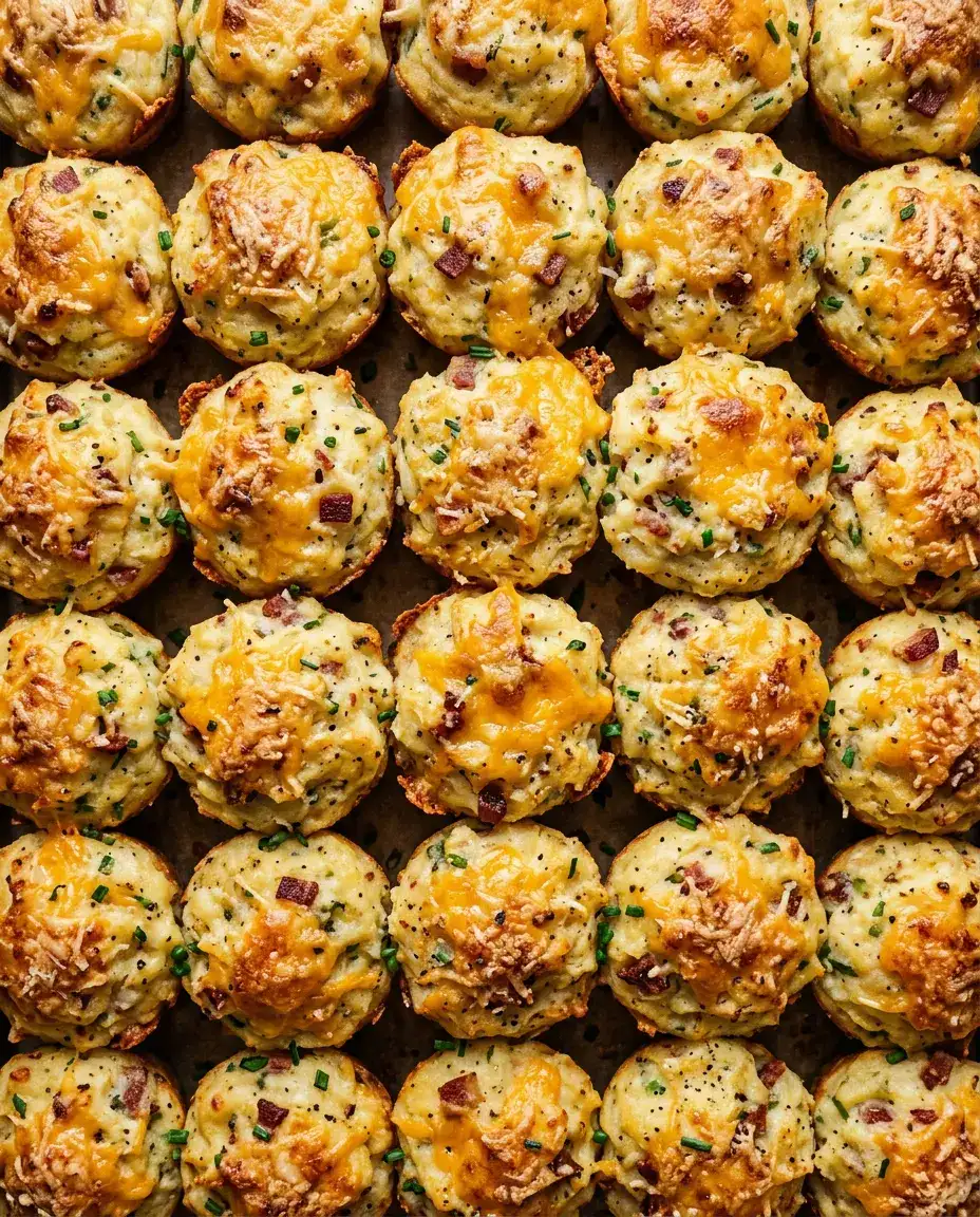 Cheesy Mashed Potato Puffs for Crispy Party Bites Extreme close-up of cheesy mashed potato puffs with melted cheddar, bacon, and golden crusts.