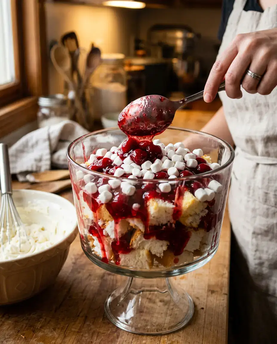 Cherries in the Snow With Creamy No-Bake Layers Hand layering Cherries in the Snow with cherry filling, angel food cake, marshmallows, and cream