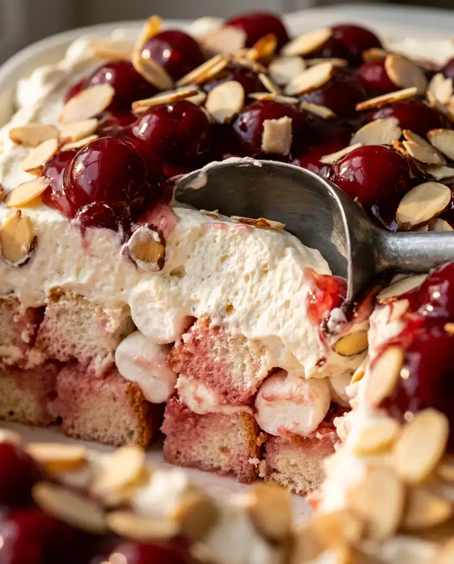 Cherries in the Snow With Creamy No-Bake Layers Serving scoop of Cherries in the Snow showing creamy layers, cherries, marshmallows, and angel food cake